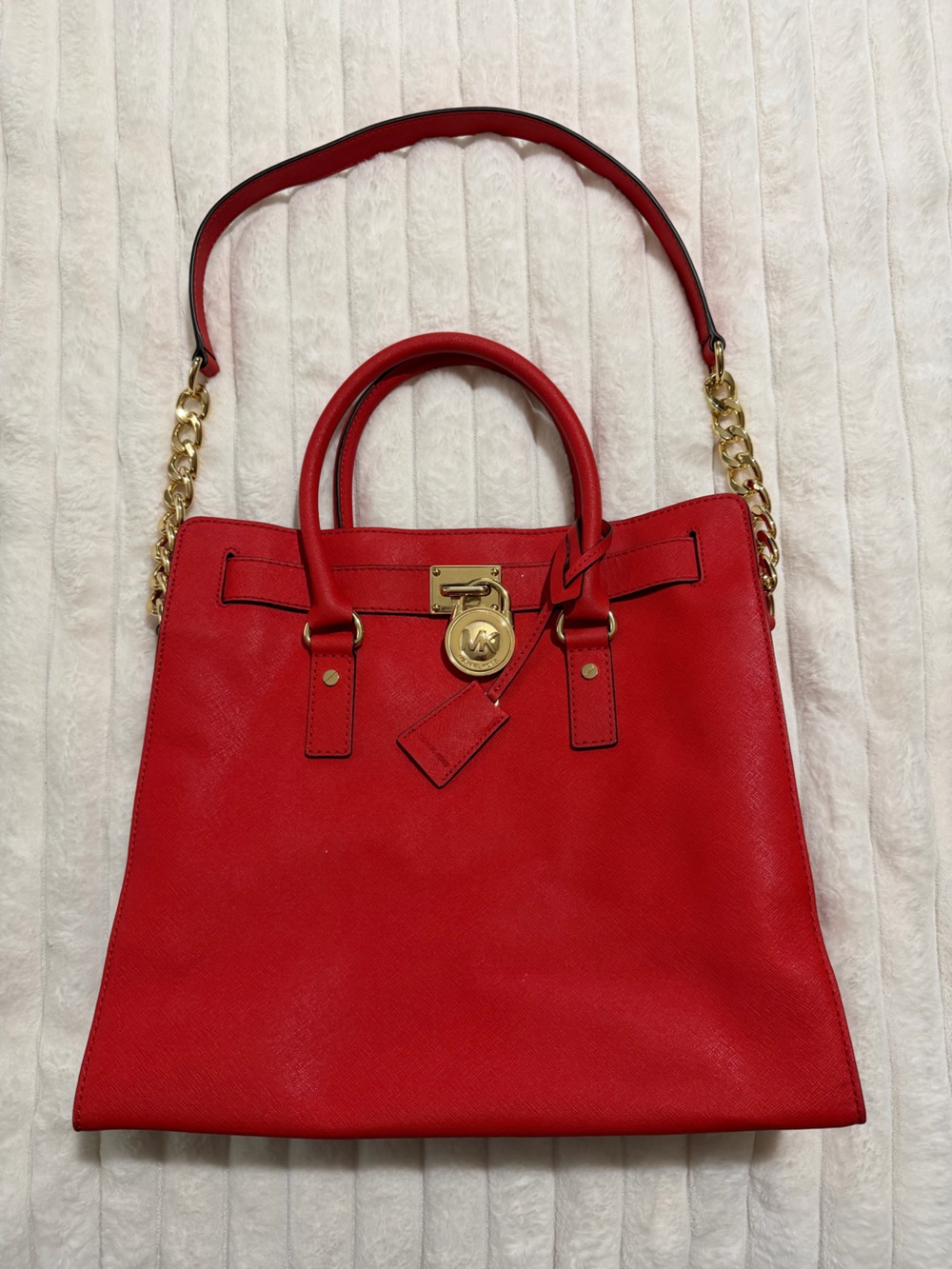Michael Kors Red Leather Tote with Gold Chain Trim 14x13x5